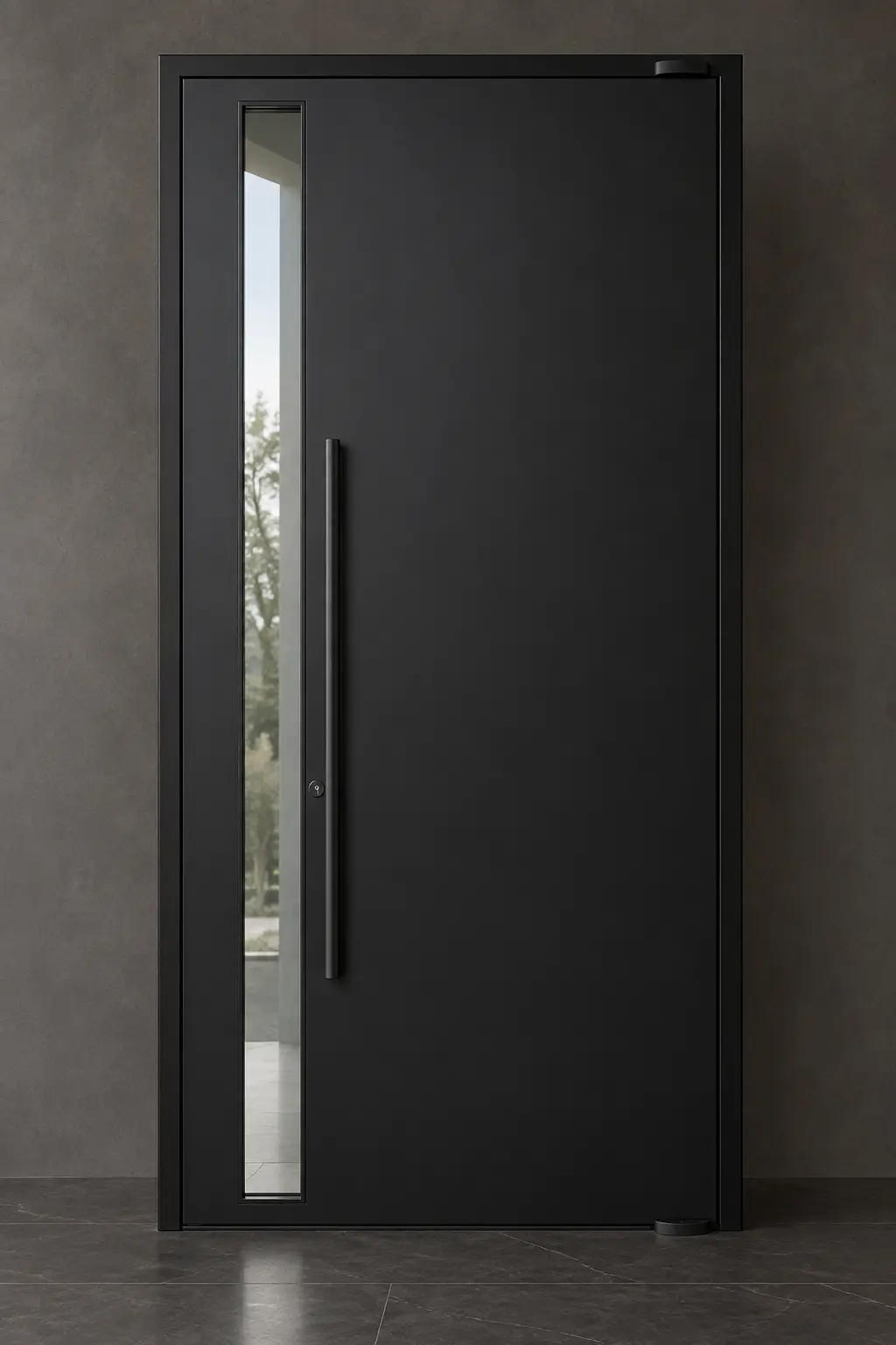 M06 solid steel pivot door with vertical glass lite