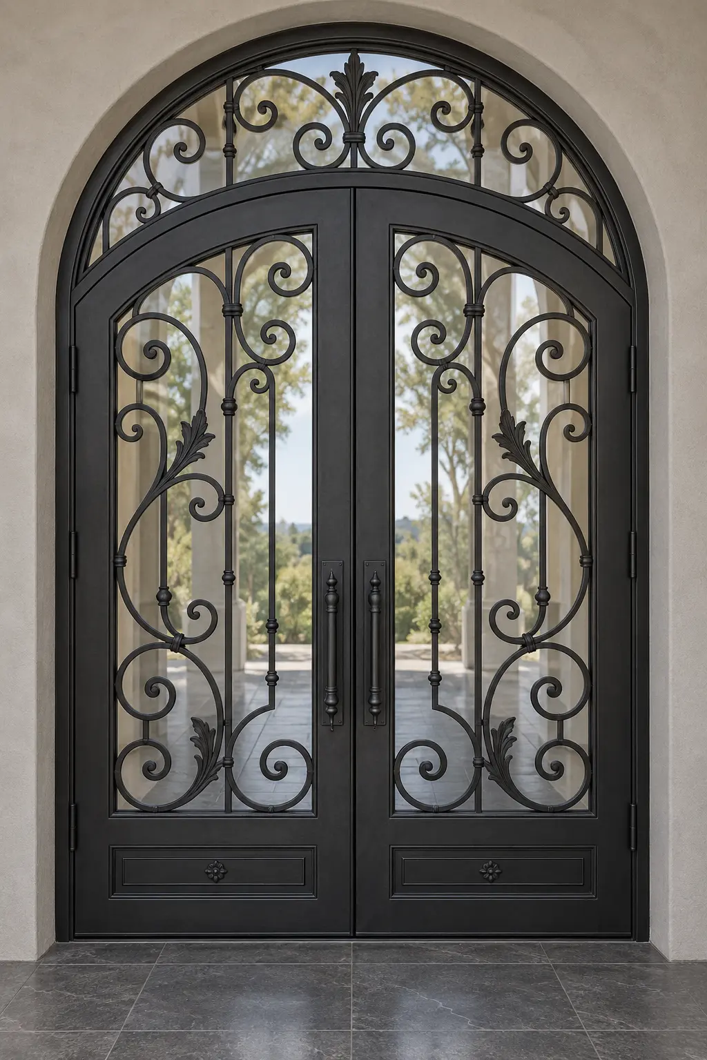 Traditional radius-top wrought-iron double doors