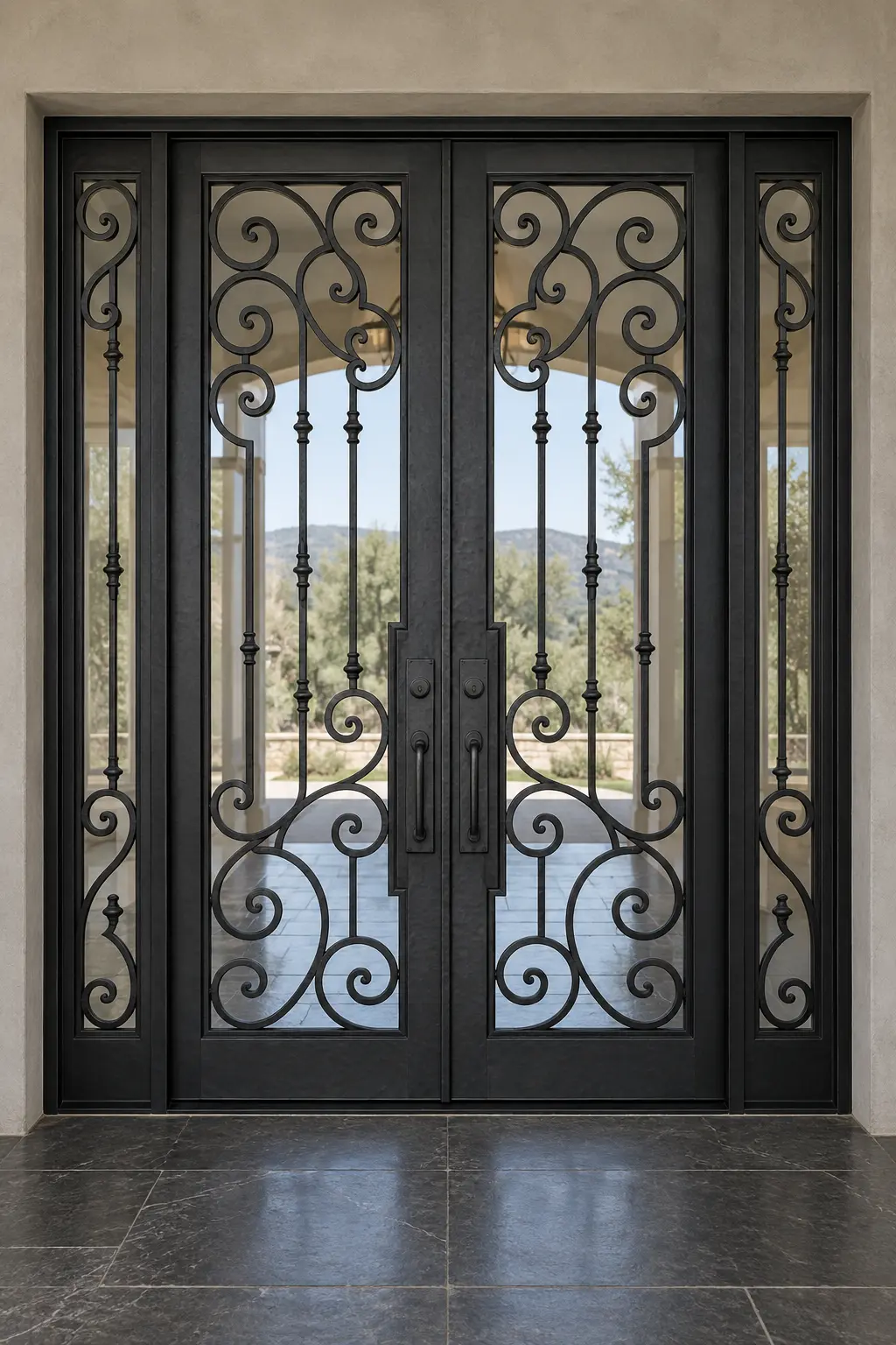 T04 square wrought iron double doors with sidelites