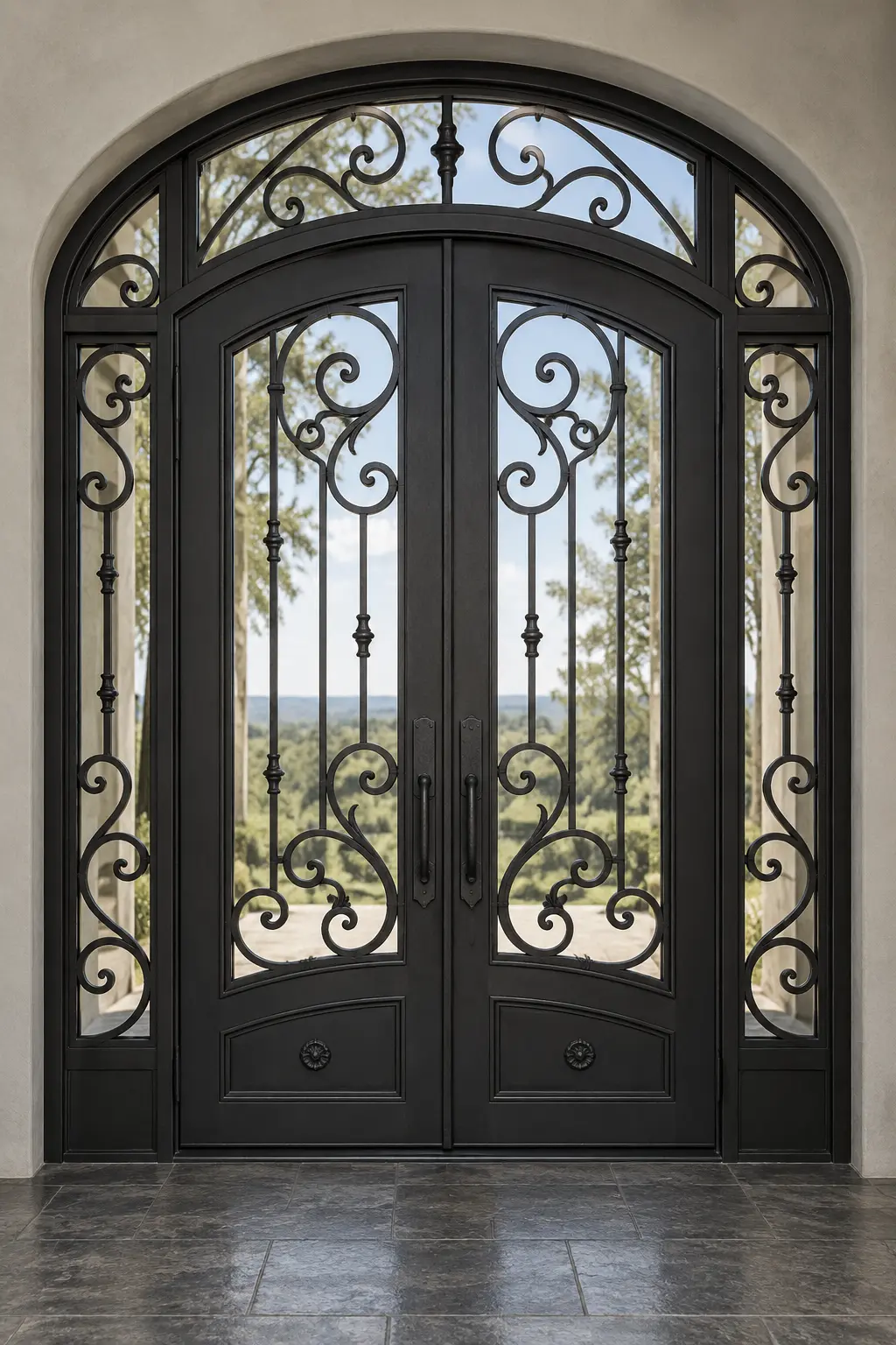 T05 radius wrought iron doors with sidelites and transom