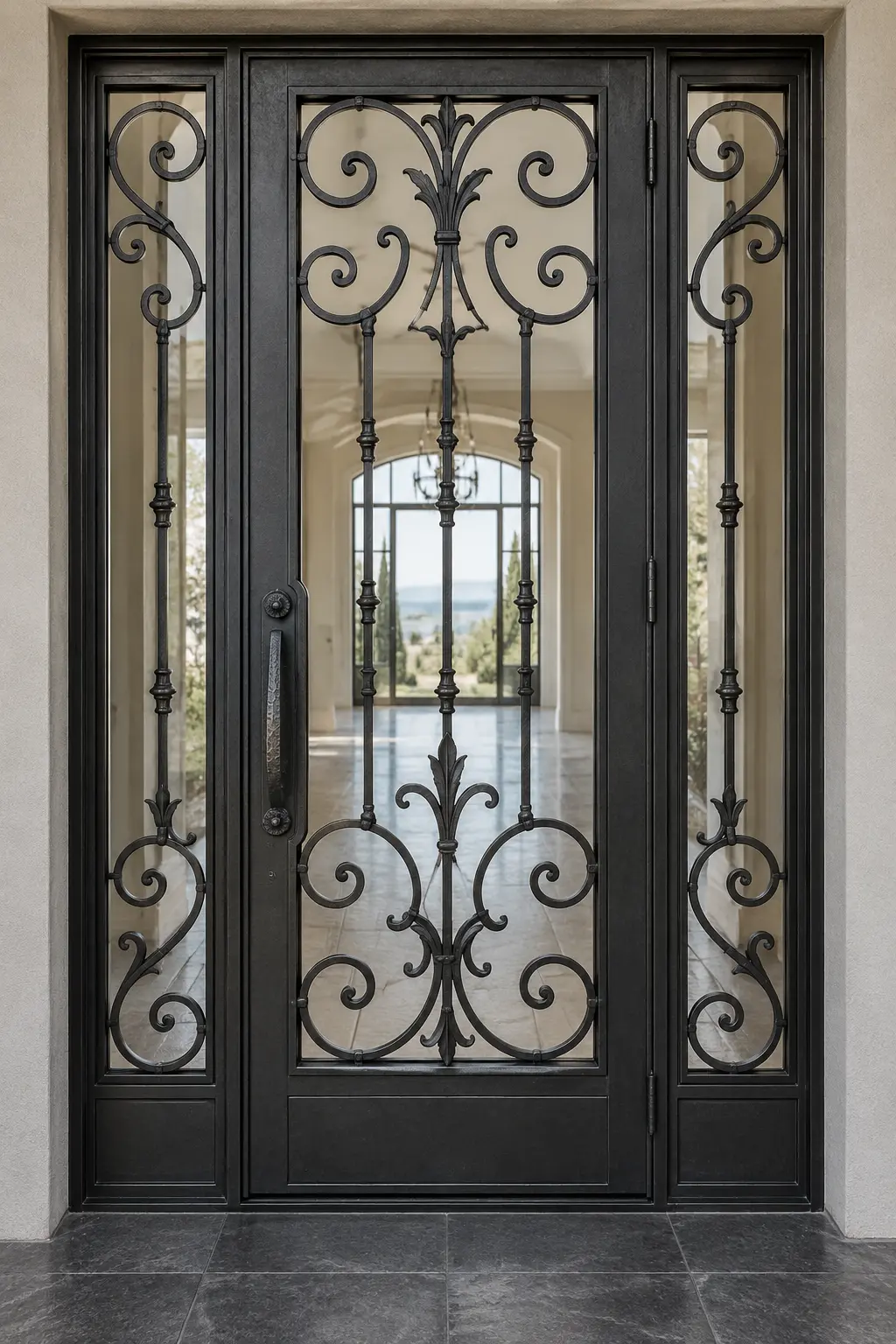T06 wide single wrought iron door with two sidelites