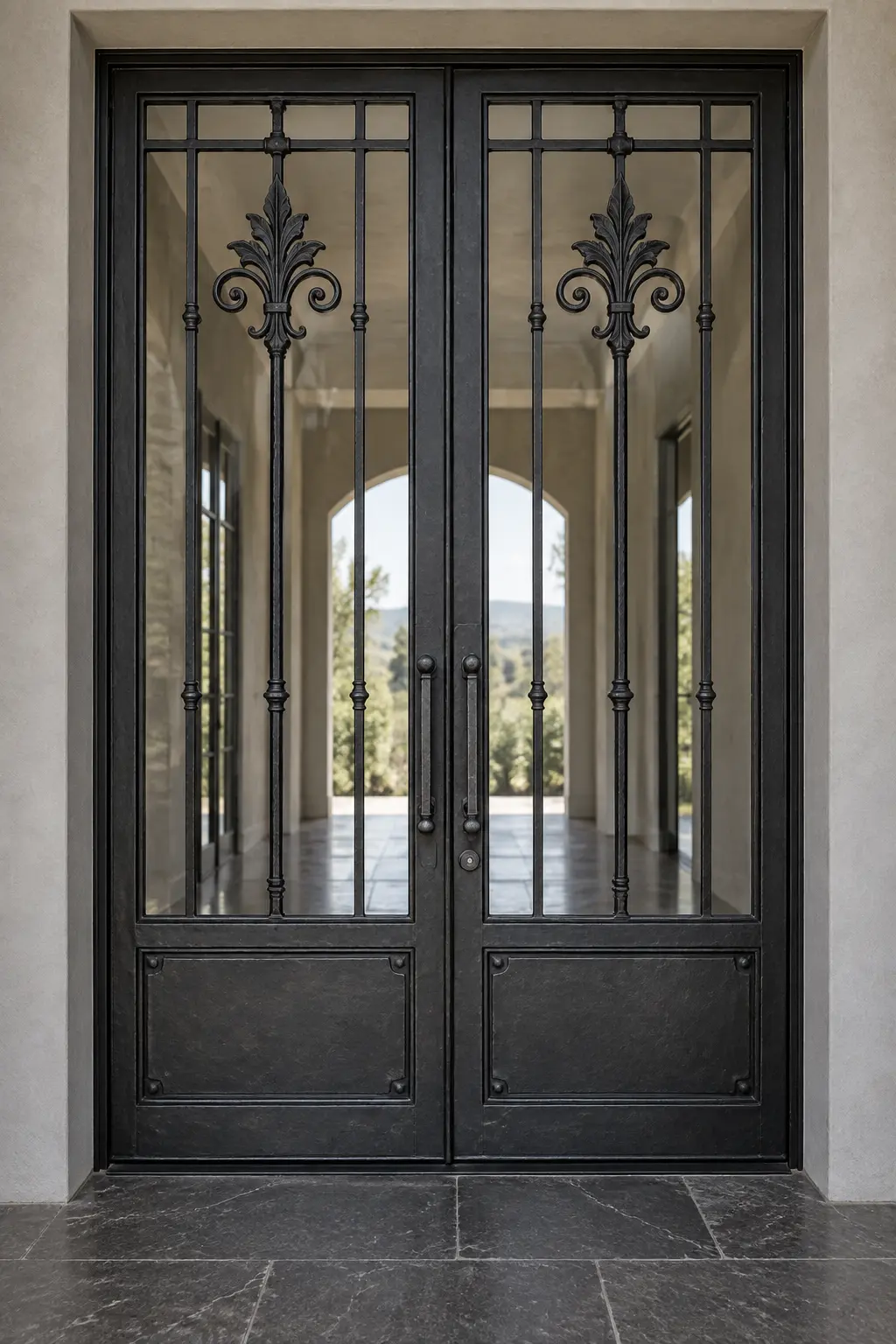 T08 wrought iron double doors with tall kickplates
