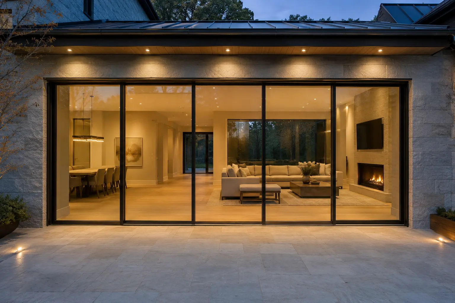 Four-panel minimal-frame sliding glass wall at blue hour