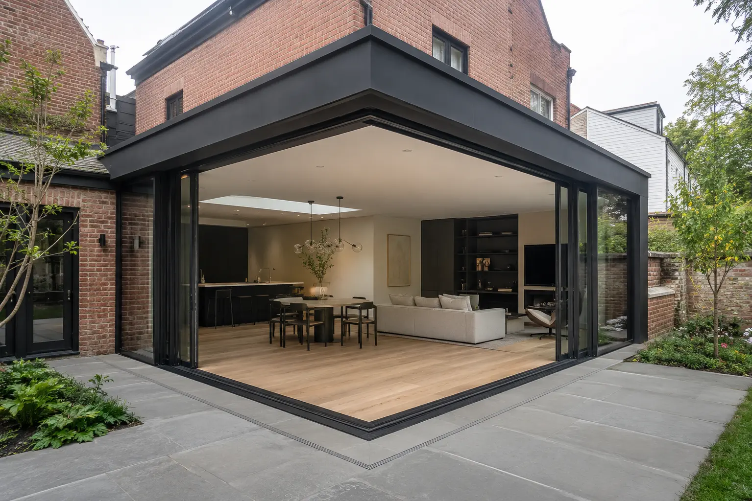 Minimal-frame aluminum sliding glass walls opening the corner of a brick residence