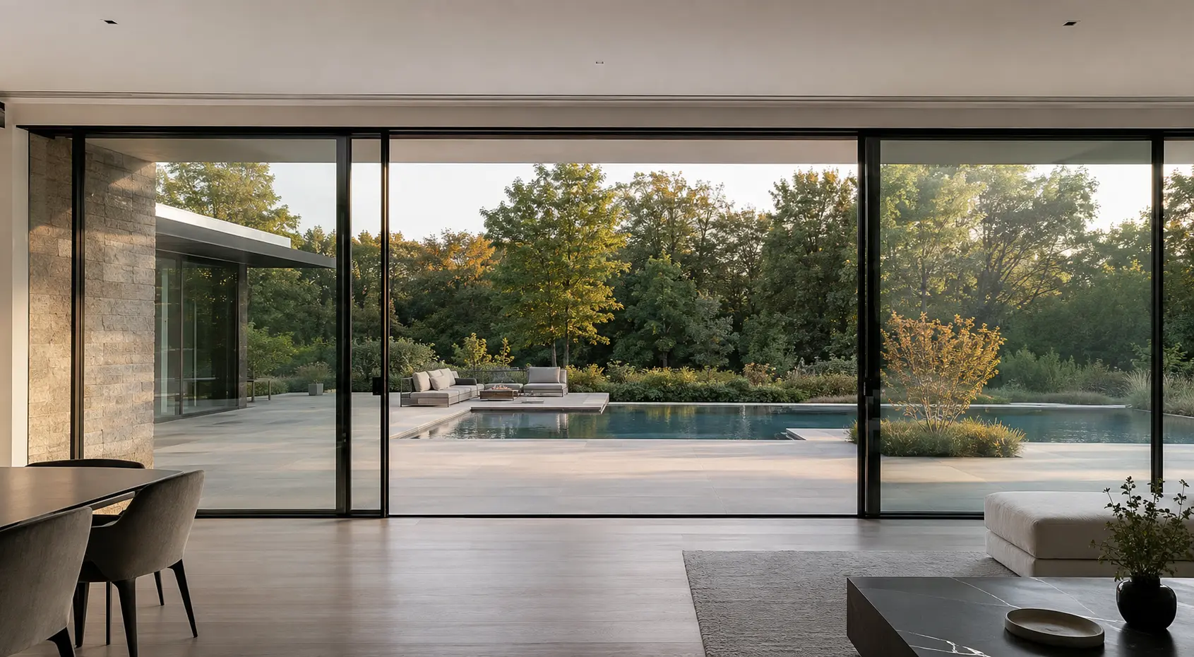 Three-panel minimal sliding glass doors opening toward a pool terrace
