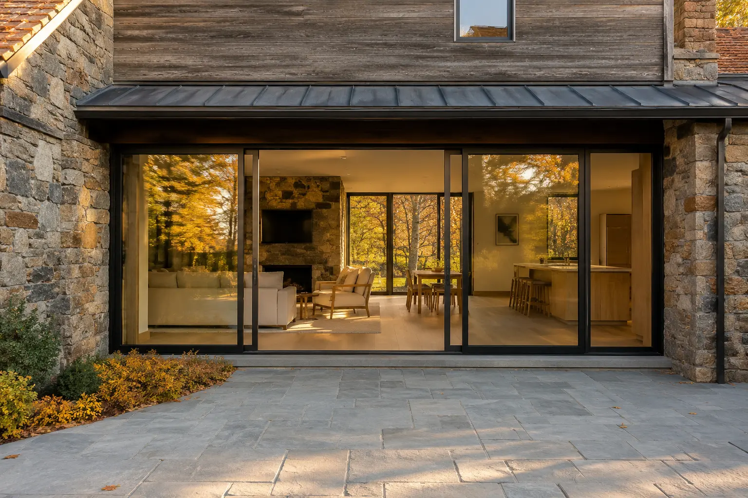 Minimal sliding glass doors in a traditional stone estate renovation