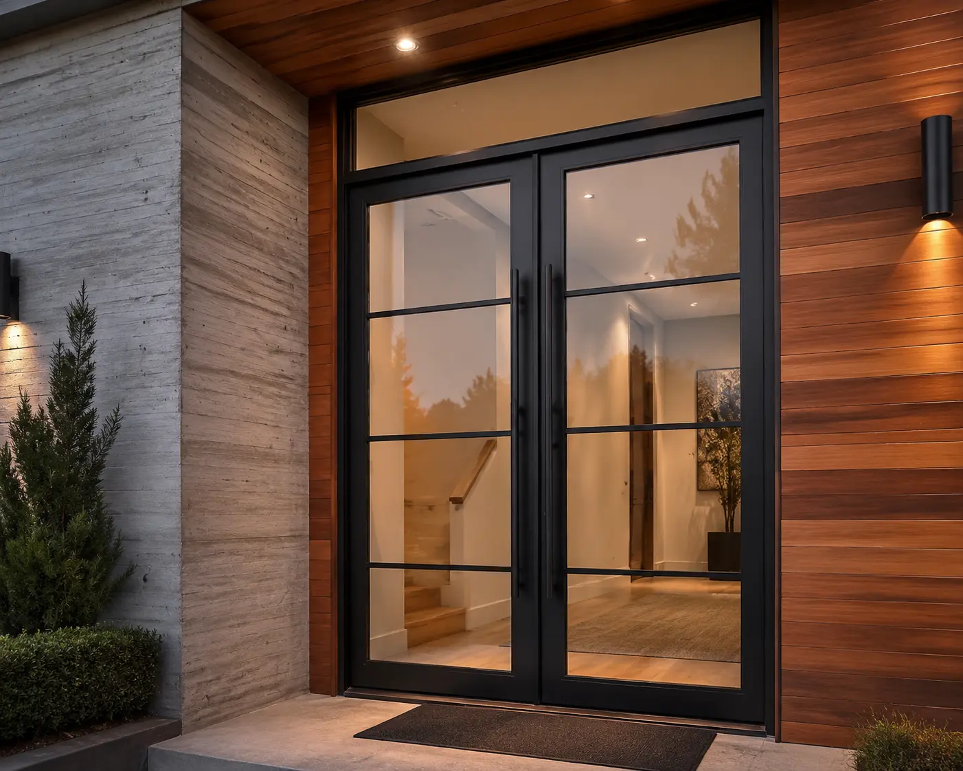 Modern double hinged black steel entry doors with divided glass