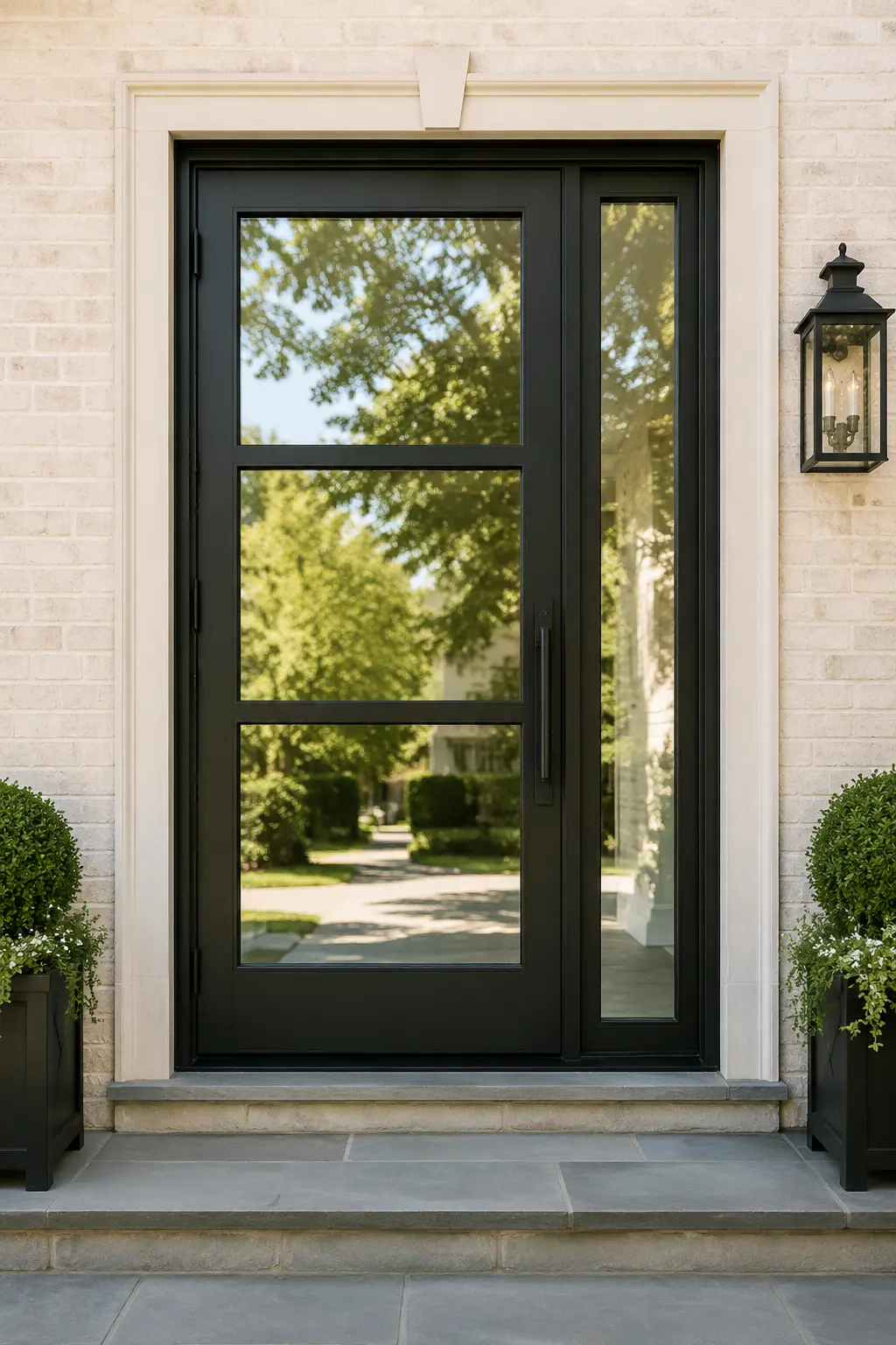 Modern single black steel hinged door with sidelite