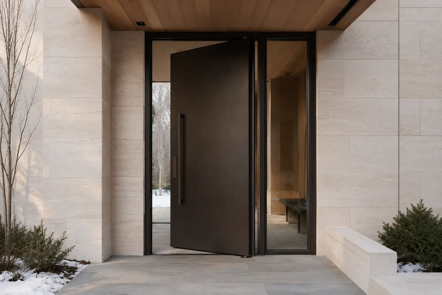 Large solid steel pivot door with narrow vertical glass lite