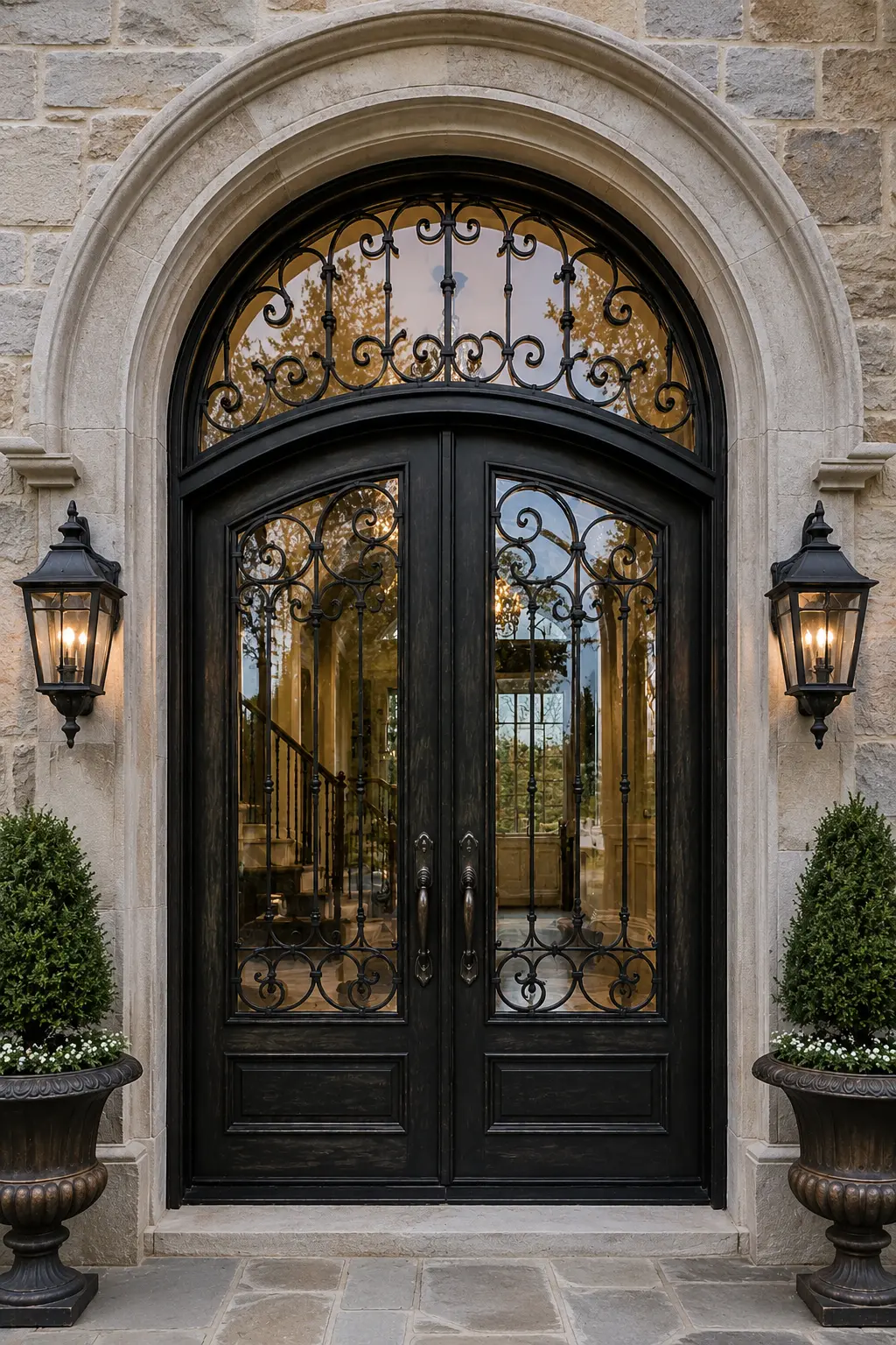 Arched double wrought iron entry with natural stone surround