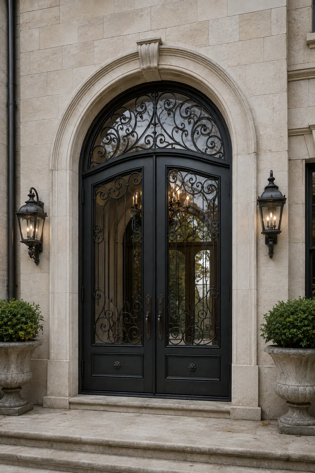 Elliptical-top double wrought iron entrance in limestone facade