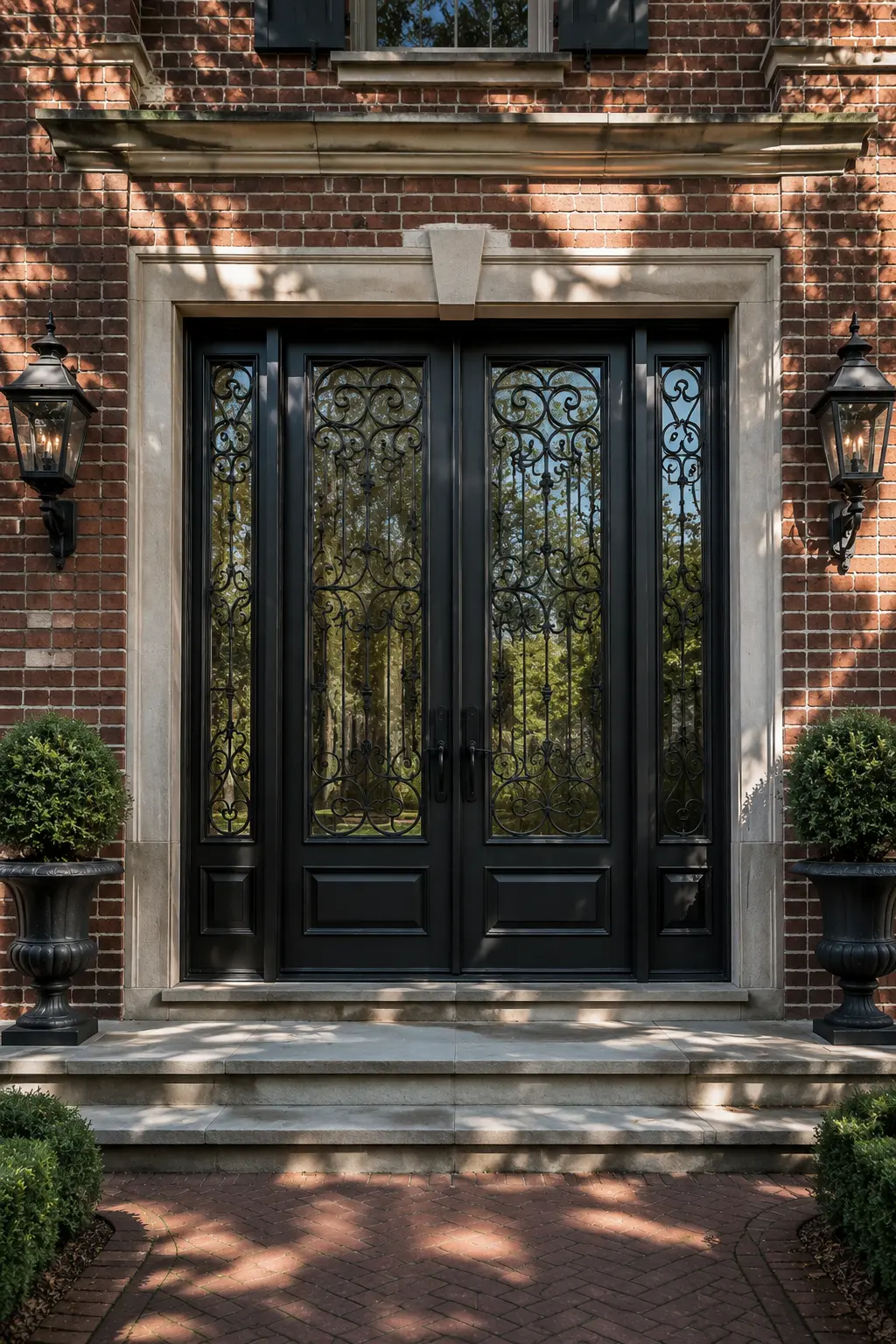 Square-top wrought iron double doors with matching sidelites in brick home