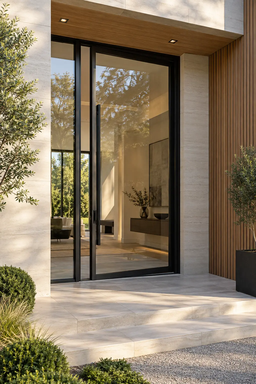 Slimline steel pivot entrance framed by limestone and warm timber