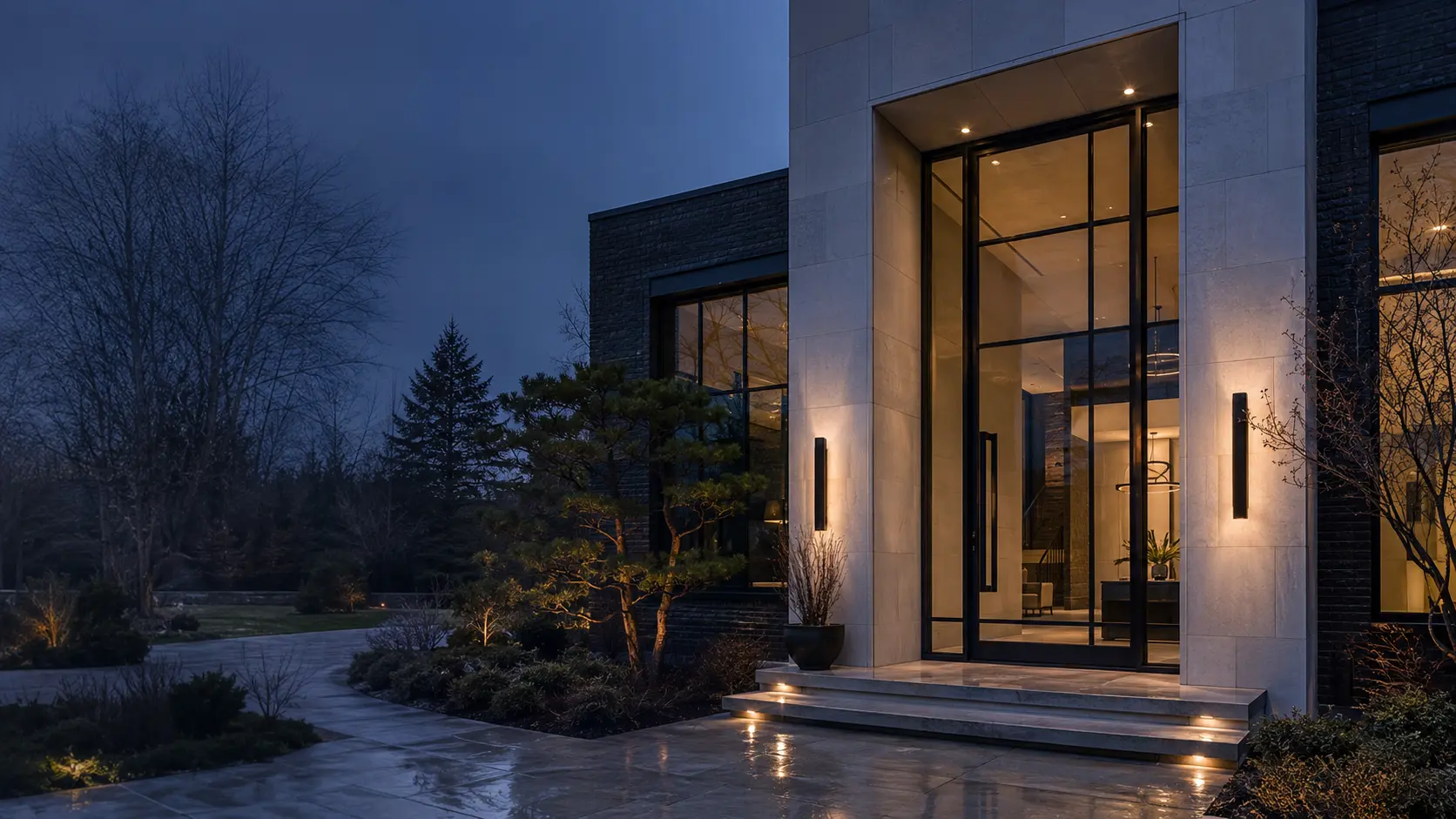 Tall slimline black steel entry doors on a contemporary residence