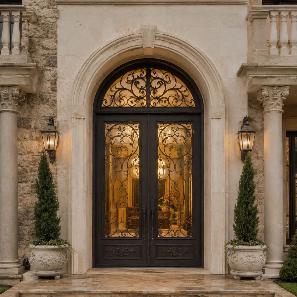 Custom arched wrought iron entry with scrollwork in a carved stone facade